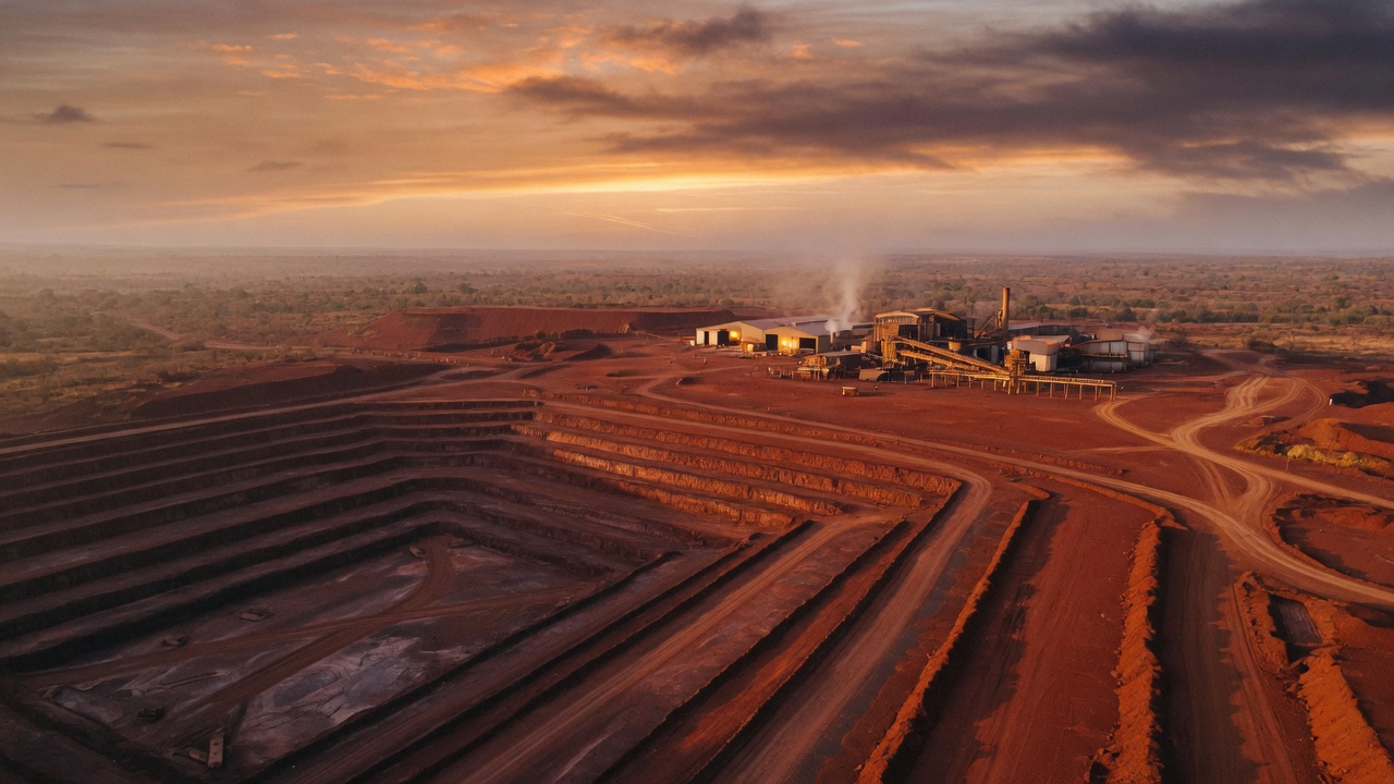 Open-pit laterite terraces and a processing plant at dusk.